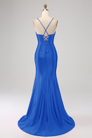 Stunning Mermaid Spaghetti Straps Royal Blue Corset Prom Dress with Split Front